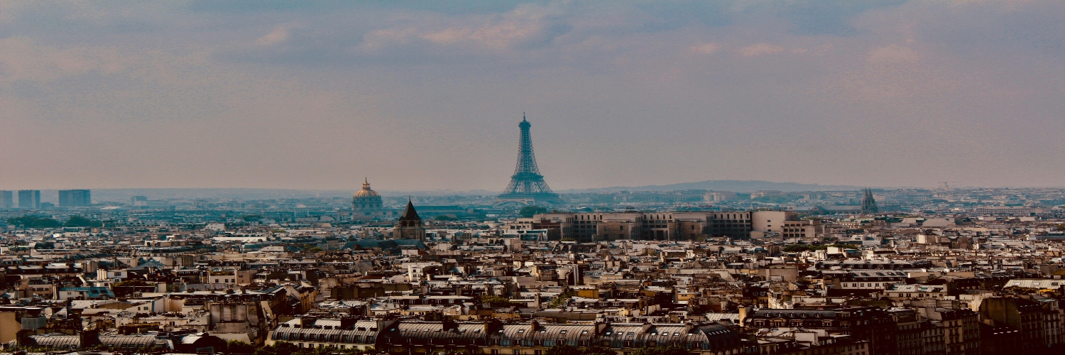 Aerial view of the Eiffel Tower surrounded by the scenic landscape of Paris.