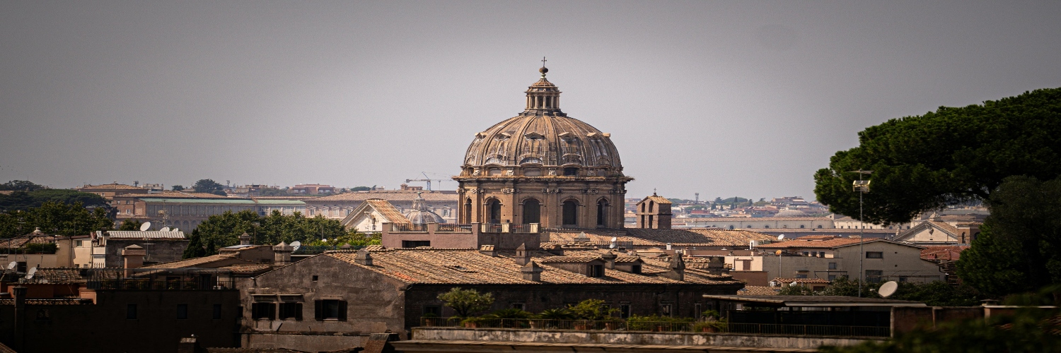 A panoramic view of ancient Rome from a high vantage point, showcasing historic buildings and the sprawling cityscape.
