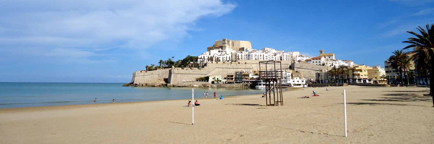 Aerial view of a beach resort in Valencia, featuring palm trees and a castle overlooking the sandy shore.