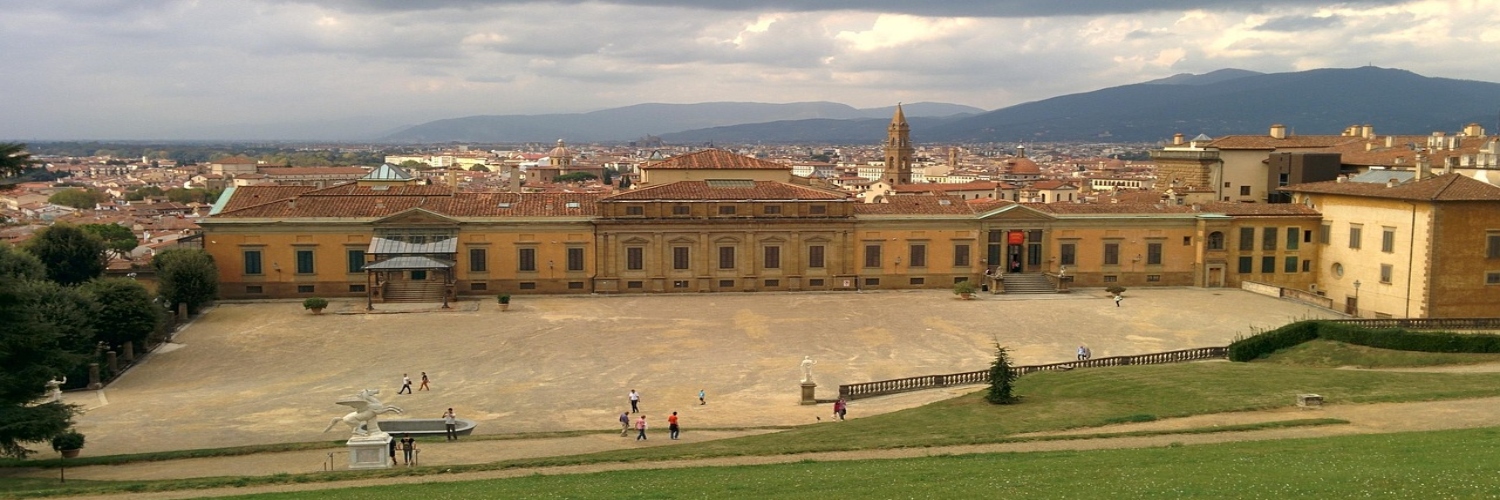 Panoramic view of Florence from the hilltop, showcasing Palazzo Pitti and the city's historic architecture.