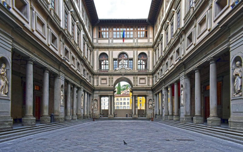 Uffizi Gallery in Florence, showcasing renowned Renaissance art and architecture.
