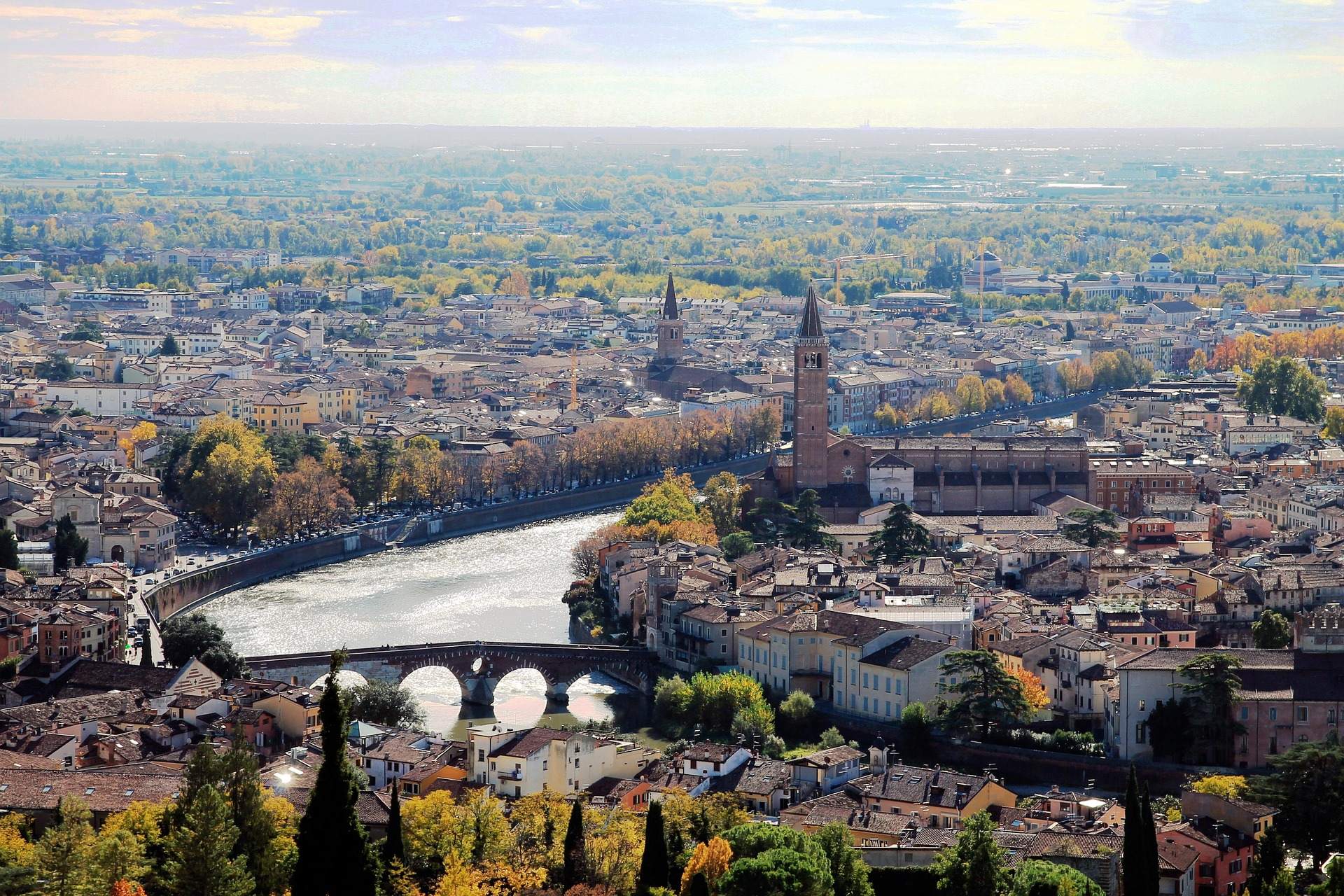 Overhead view of Verona, revealing the city's beautiful architecture and layout, perfect for exploring Italy's charm.