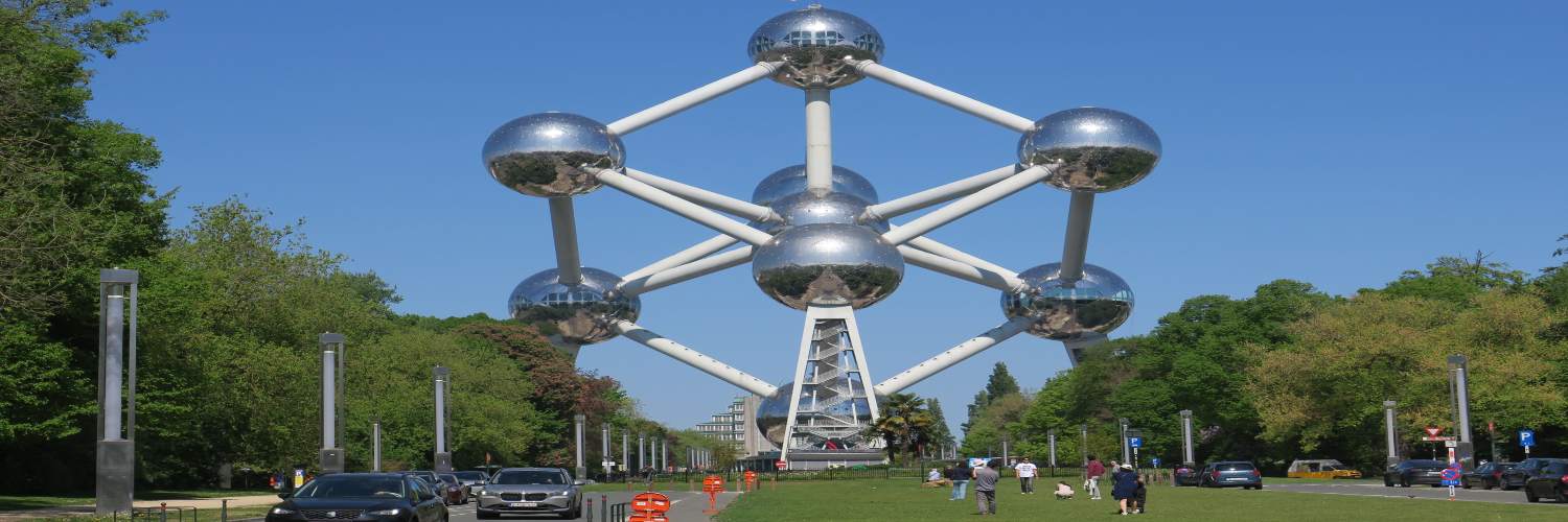 The Atomium in Brussels, a striking metal sculpture with a futuristic design, representing an iron crystal magnified 165 billion times.
