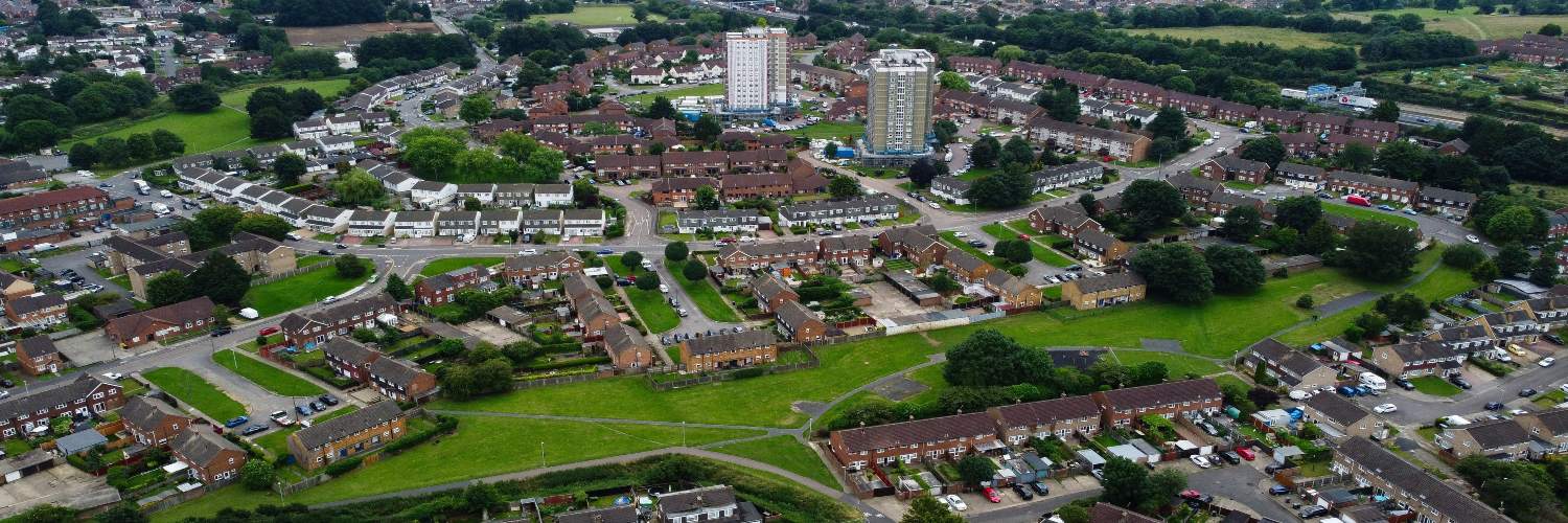 Aerial view of Luton City showcasing residential houses and green trees in a suburban landscape.