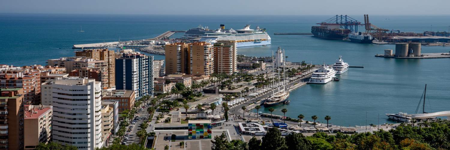 Malaga Harbour with cruise ships, luxury yachts, marina, and Mediterranean coastline under a clear blue sky.